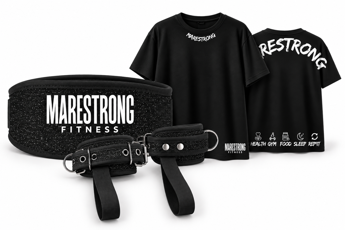 Mega Combo Marestrong Fitness: Cinturón Pesista + Grilletes + Playera Oversized Negra con Brillos